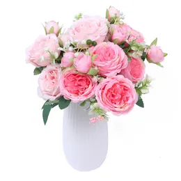 Flor de decora￧￣o artificial 5 Fork 9 Head Peony Bouquet Home Decoration Wedding Simulation Flower