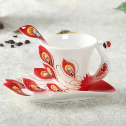 Koppar tefat europeisk stil keramisk kaffekopp kreativ ben porslin 3D emalj färg porslin te med tefat och sked set drinkware