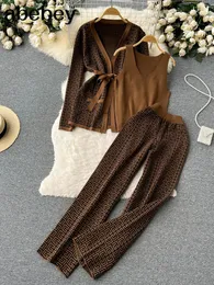 Women's Tracksuits Winter Panelled Knitted Sets Fashion Long Sleeve V Neck Tie KnitwearWide Leg PantCamis Women OL Sweater Three Pieces Suits 230220