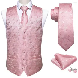 Men's Vests 4PC Pink Floral Silk Vest Waistcoat Men Slim Suit Silver Necktie Handkerchief Cufflinks Tie Barry.Wang Business