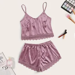 Damen-Nachtwäsche Marke Frauen Sexy Satin Pyjamas Sets Weibliche Sommer Streifen Einfarbig Leibchen Shorts Homewear Casual Kleidung Anzug