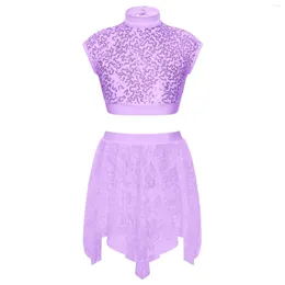 Stage Wear Kids Girls Gymnatics Ballet Dance Dress Sleeveless Shiny Sequins Dancewear Crop Top With Elastic Waistband Irregular Lace Skirt