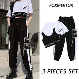 Kvinnors spårningsdräkter 3 stycken Set Summer Women Lastbyxor Suit Set Streetwear Outfit Harajuku Kort ärmbyxor Crop Tops Tee Shirt #TZ05 230220