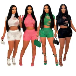 Designer Summer Tracksuits Women Sticked Outfits Two Piece Sets Short Sleeve T-Shirt Crop Top and Shorts Casual Ripped Sportswear Wholesale Bulk kläder 9296