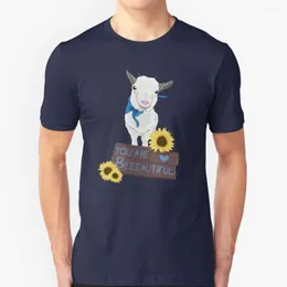 Camisetas masculinas camisetas de cabra a camisa de cabra no verão de algodão casual redondo pescoço de flor fofa de girassóis de arco azul