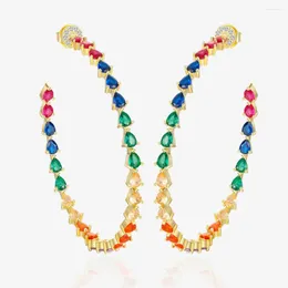 Hoopörhängen Lokwan 925 Sterling Silver Plated 18k Gold Inlaid Drop Shaped Colorful Zircon Big Ear Ring Bohemian Style överdrivna smycken