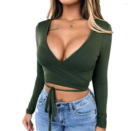 Koszulki damskie Kobiety seksowna top z długimi rękawami Koszulka głębokie v szyja bandaż tee femme elegancki damski klub imprezowy tshirt dames streetwear