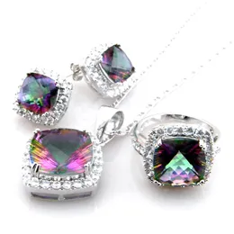 Conjunto de joyas de arcoíris místico, anillo de boda, pendiente y colgante, conjunto de joyas 925 estampado