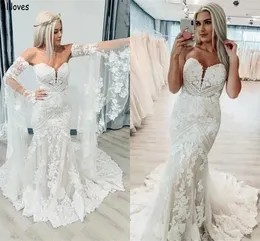 Sweetheart Bohemian Lace Mermaid Wedding Dresses With Removabe Bell Sleeves Sexiga moderskap Brudkl￤nningar Vintage Country Trumpet Reception Dress for Bride CL1874