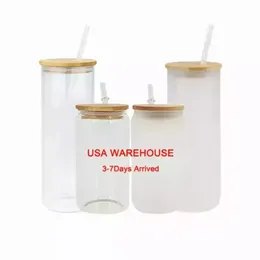USA Local STOCK 16oz Sublimation Glass Blanks With Bamboo Lid Frosted Beer Can Borosilicate Tumbler Mason Jar Cups Mug With Plastic Straw bb0220