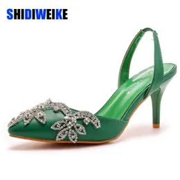 SDWK 7CM Women's High Heels Green Rhinestone Woman Pumps klackade sandaler Stiletto Slingback Weddings Bridal Shoes 0220