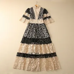 2023 Spring Khaki цветочное кружевное платье с кружевным кружевным платьем 4/5 подставка для воротника панели с длинными макси -повседневными платьями S3F131623 Plus Size XXL