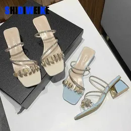 SDWK 6cm Fashion Blue Summer Sandals Open Toe Women Sandles Thick Heel Flip Flops Square Gladiator Shoes Slippers 0220