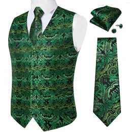 Men's Vests Exquisite Gilet Homme Men's Green Paisley Vest Necktie Handkerchief Cufflinks Set For Business Fashion Waistcoat V-neck Man