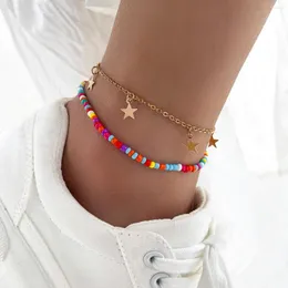 Tornozeleiras abril de 2 PCs Biço colorido de pulseira de pulseira para mulheres estéticas pendentes de metal pendente Metal Y2K Chains Summer Fashion Jewelry