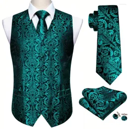 Men's Vests Teal Blue Silk Vest Waistcoat Men Slim Suit Floral Necktie Handkerchief Cufflinks Tie Business Barry.Wang Design