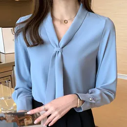 女性のブラウスBlusas Mujer de Moda 2023 Bow V-Neck Shird Women long Sleeve Chiffon Blouse Office Lady Ladies Tops Pullover Femme