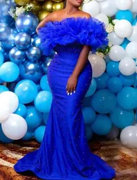 Blue Mermaid Prom Party Dresses 2023 Off Shoulder Pearls Christmas Sweep Train Evening Formal Gowns African Vestidos de Feast