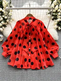 Kvinnor BLOUSES SPRING 2023 All-Match Chiffon Shirt Bow Tie Long-Sleeved Polka Dot Printed Japan-stil Top Blue Woman Blusas D999