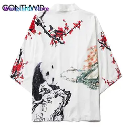 Jackets masculinos gonthwid panda ameixa flores impressão masculina casual kimono japonês estampado kimono cardigan camisetas casacos de streetwear 022023h