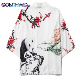 جاكيتات الرجال Gonthwid Panda Plum Blossom Print Mens غير الرسمي كيمونو الأزهار اليابانية المطبوعة كيمونو كارديجان سترات الشارع المعاطف 022023H