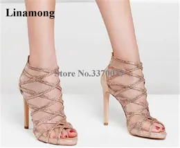 Sandals Women Fashion Open Toe Bling Rhinestone Thin Heel Gladiator Mesh Gold Black Crystal Strap Cross High