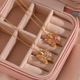 Colares pendentes de zircão rosa oco rosa borboleta aço inoxidável colar de colar de ouro textura de cor dourada jóias criativas elegantes