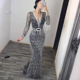 Arabiska aso ebi svart spets p￤rlor aftonkl￤nningar sj￶jungfru l￥nga ￤rmar paljetter prom kl￤nningar sexiga formella party andra mottagnings kl￤nningar vestido de novia