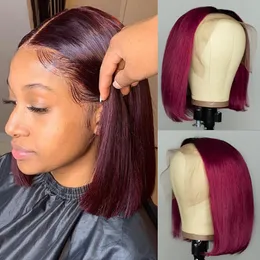 Burgundy 99j Lace Front Wig Short Ombre Colored Straight Bob Wig 13x4 Lace Frontal Human Hair Wigs Pre Plucked For Black Women