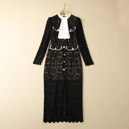 2023 Spring Black Contrast Color Paneled Кружевное платье с длинным рукавом круглые кнопки для шеи однобортные повседневные платья S3F131623 Плюс размер XXL