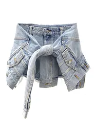 Women's Shorts DEAT Women Fashion Slim Blue Patchwork Made Old Washed Fake Twopiece Denim High Waist Summer And Autumn 7E7052 230220