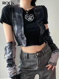 Kvinnors t-shirt Rockmore Grunge Fairycore Crop Top Women Short Sleeve Patchwork Tshirt och armhandskar Kvinna Streetwear Tie Dye Tee Goth Clothes 230220