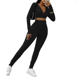 Dwuczęściowe spodnie Kayotuas Kayotuas 2pcs Sportswear Spring Autumn V-Neck Ruche Crop Tops Chudy Bodycon Gym Fitness Jogger