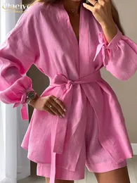 Damen Zweiteilige Hose Clacive Autumn LaceUp Robes Tops Zweiteiliges Set Damen Casual Loose High Waist Shorts Set Eleganter rosa Heimanzug mit Shorts 230220