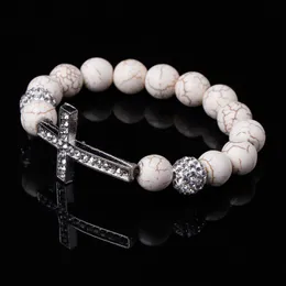 Bracciale con perline di perline con perline Bracciale con strass in pietra bianca Pietre naturali elastiche Perline Charms Uomo Donna Gioielli Ciondolo croce