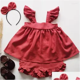 Completi di abbigliamento Estate 05 Anni Stile coreano Bambina Set Cotone Lino Tinta unita Manica Tshirt Pantaloncini Abbigliamento per bambini Vestito Drop Delivery Dhrff