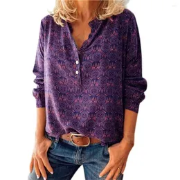 Women's Blouses Casual Women Shirt Vintage Print V Neck Spring Autumn Loose-fitting Elegant Blouse For Daily Wear Top Purple Xxxl