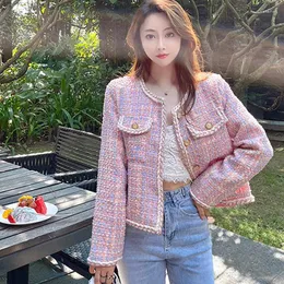 Women's Jackets 2023 Fashion Autumn/Winter Women Jacket Full Sleeve Metal Button Bright Silk Braid Spliced Pocket Tweed Casual Pink Coat