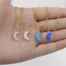 Pendanthalsband Fire-Opal Crescent Moon Necklace White/Blue/Pink/Royal Halfmon med Opal Stone Layering Big Sister Födelsedagspresent