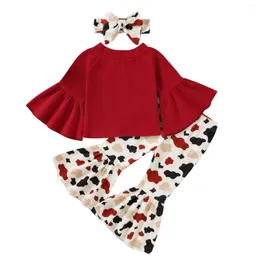 Kläderuppsättningar BMNMSL TODDLER GIRLS 3st Fall Outfits Bell Sleeve Solid Color Tops Flare Pants Pannbandsset