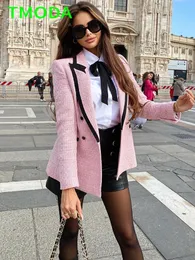 Kvinnors kostymer blazrar t moda kvinnor elegant rosa textur dubbel bröst tweed blazer långärmade fickor rockar kvinnliga mode streetwear topps 230220