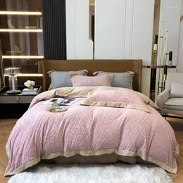 Conjuntos de roupas de cama 3D Velvo esculpido conjunto de edredom de edredão zíper sólido rosa bordado cinza bordado luxuoso lençol de cama travesseiros Ultra Soft