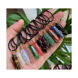 H￤nghalsband natursten kristallhalsband tr￥d wrap mticolor quartz lila ametysts punkt hexagonal pendum reiki chakra pu c dhtys