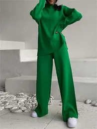 Kvinnors träningsdräkter stickade kvinnors byxor passar 2 tvåstycksuppsättningar kläder gröna långärmad stickning breda benbyxor uppsättningar kvinnliga avslappnade kostymer 230220