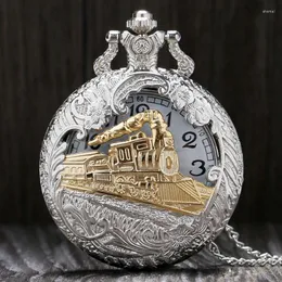 الساعات الجيب الرجعية جوفاء الفضة الذهبية القاطرة الكوارتز تصميم فوب ساعة مع سلسلة قلادة للنساء هدية الرجال