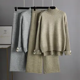 Women's Tracksuits autumn winter knitted suit women's half turtleneck sweater thickened outer wear loose set 230220