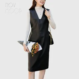 Casual Dresses Novmoop Genuine Leather Women Dress Elegant Office Lady Daily Wear Knee Length Feminen Vestido De Cuero LT3496