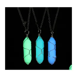 Pendant Necklaces Copper Wire Wrapped Hexagon Pendum Luminous Stone Fluorescent Healing Crystal Jewelry Fashion Gold Sier Plated Dro Dhwce