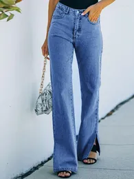 Kvinnors jeans kvinnor höst mitt midja denim damer casual rak jean byxor solid färg lång
