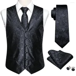 Men's Vests Fashion 4PC Floral Silk Vest Waistcoat Men Slim Suit Black Necktie Handkerchief Cufflinks Tie Barry.Wang Business